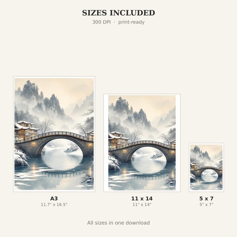 Bridge Snow Wall Art, Chinoiserie Aesthetic, Dining Room Art, Digital Print, Ink Wash Painting, Chinese Ink Painting Print image 4