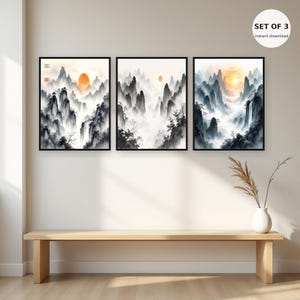 Conjunto de 3 láminas de arte mural asiático con paisajes a tinta, arte minimalista para interiores, arte para la pared del dormitorio, lámina de arte a tinta, lámina de pintura china a la tinta. imagen 1