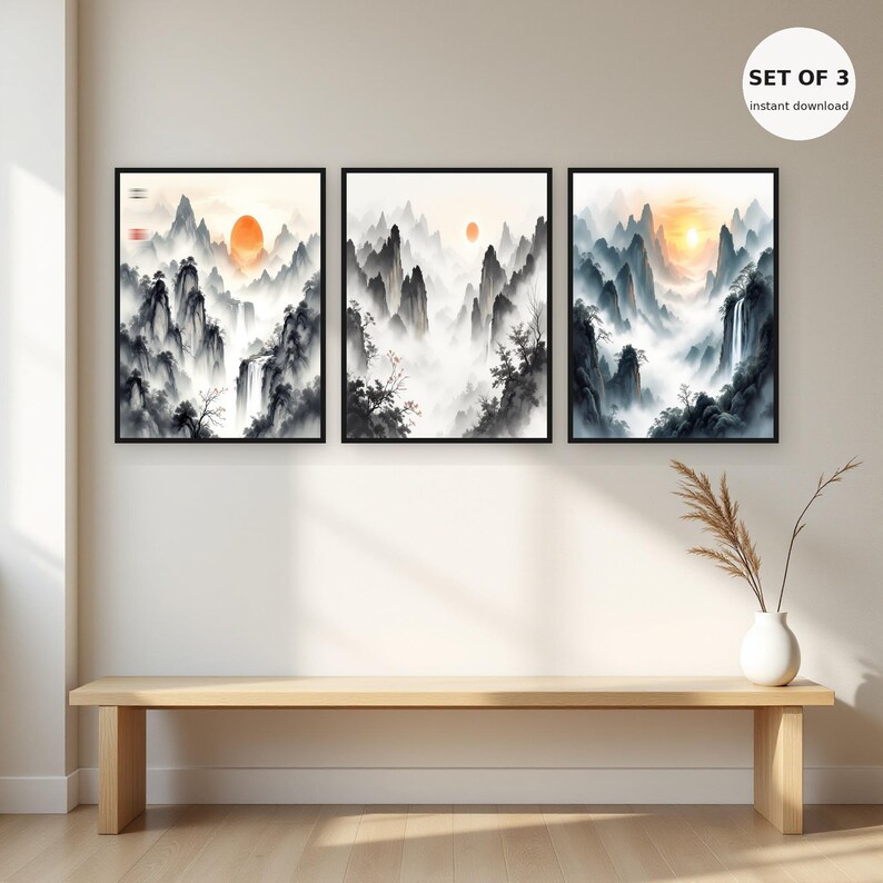 Conjunto de 3 láminas de arte mural asiático con paisajes a tinta, arte minimalista para interiores, arte para la pared del dormitorio, lámina de arte a tinta, lámina de pintura china a la tinta. imagen 1