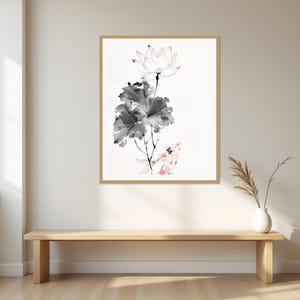 Lotusblomma-väggkonst, orientaliskt tryck, meditationsdekor, digitalt tryck, bläcktvättad målning, kinesisk bläckmålning bild 1