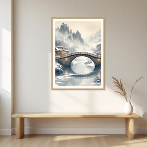 Bridge Snow Wall Art, Chinoiserie Aesthetic, Dining Room Art, Digital Print, Ink Wash Painting, Chinese Ink Painting Print image 1