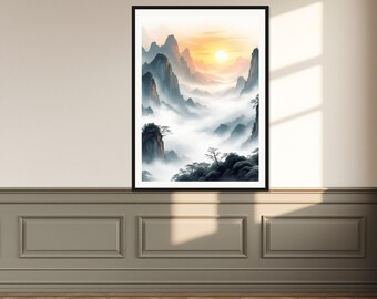 May include: A framed wall art print featuring a landscape painting of jagged mountain peaks rising above a thick layer of white mist. The scene is illuminated by a bright yellow sun glowing in the soft orange and white sky above the valley.