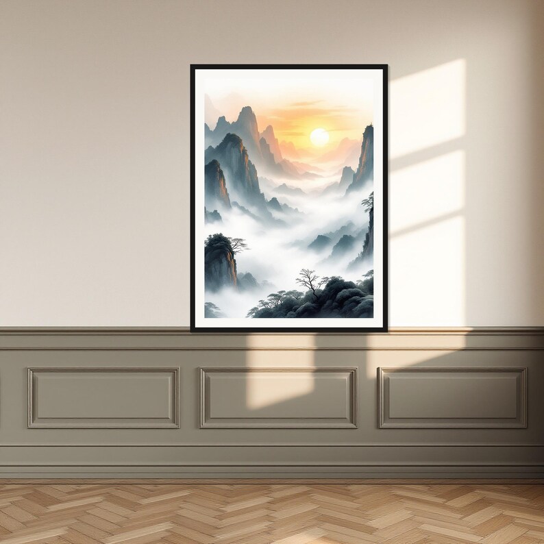 Landschaftsbild mit Sonne, asiatischer Druck, Meditationsdekoration, Tuschemalerei-Druck, chinesischer Tuschemalerei-Druck Bild 1