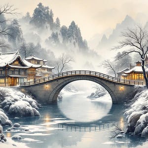 Bridge Snow Wall Art, Chinoiserie Aesthetic, Dining Room Art, Digital Print, Ink Wash Painting, Chinese Ink Painting Print image 10