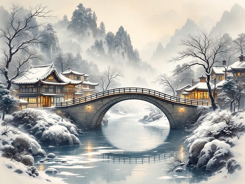 Bridge Snow Wall Art, Chinoiserie Aesthetic, Dining Room Art, Digital Print, Ink Wash Painting, Chinese Ink Painting Print image 10