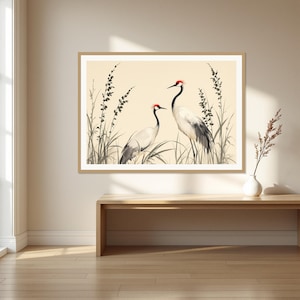 White Crane Wall Decor, Asian Print, Spa Wall Decor, Ink Art Print, Chinese Ink Painting Print image 1