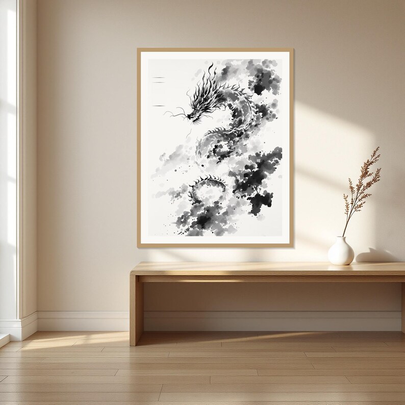 Dragon Printable Art, Japandi Wall Art, Above Bed Decor, Fine Art Print, Ink Wash Painting, Chinese Ink Painting Print image 1