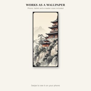 Chinese pagode muurdecoratie, Wabi Sabi interieurkunst, decoratie boven het bed, kunstprint, inkttekening, Chinese inkttekeningprint afbeelding 6