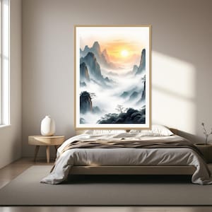 Set van 3 Aziatische wanddecoraties met inktlandschap, minimalistische interieurkunst, wanddecoratie voor de slaapkamer, inktkunstprint, Chinese inkttekeningprint afbeelding 1