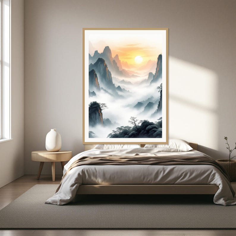 Set van 3 Aziatische wanddecoraties met inktlandschap, minimalistische interieurkunst, wanddecoratie voor de slaapkamer, inktkunstprint, Chinese inkttekeningprint afbeelding 1