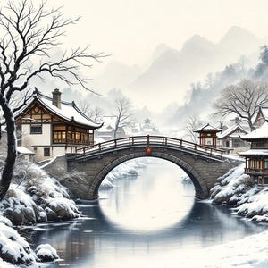 Bridge Snow Wall Art, Chinoiserie Aesthetic, Dining Room Art, Digital Print, Ink Wash Painting, Chinese Ink Painting Print image 8