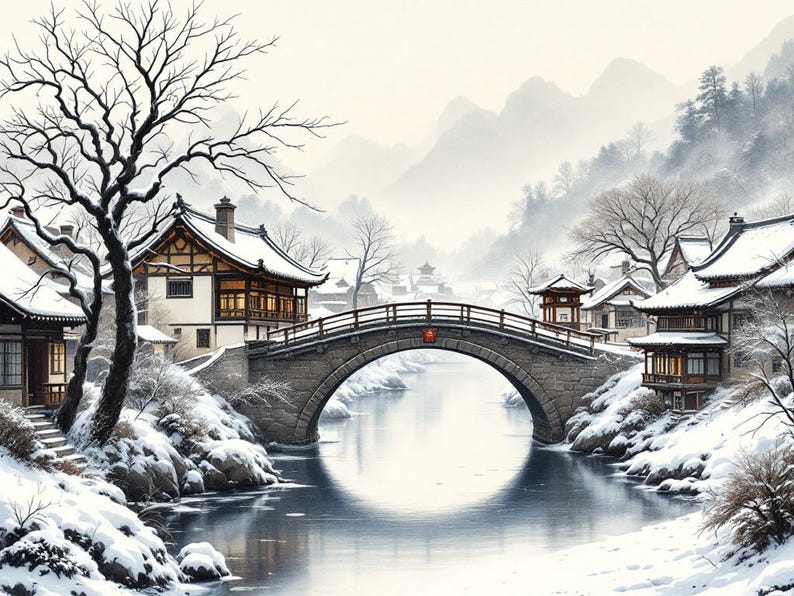 Bridge Snow Wall Art, Chinoiserie Aesthetic, Dining Room Art, Digital Print, Ink Wash Painting, Chinese Ink Painting Print image 8