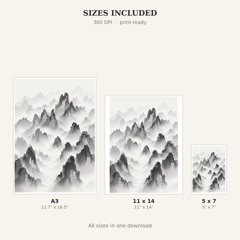 Wandbild „Mystische Berggipfel“, minimalistischer Druck, Esszimmerkunst, Digitaldruck, Tuschemalerei, chinesischer Tuschedruck Bild 4