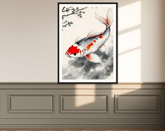 以下が含まれることがあります： 白、黒、オレンジ色の鯉が水中を泳ぐ様子を描いた額装されたウォールアートプリント。左上隅には繊細な黒いインクの枝が描かれ、下部には柔らかなスモーキーグレーの水彩画風のエフェクトが施されています。