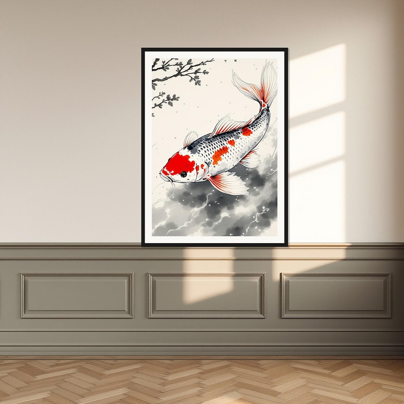Konsttryck av karpvattenfall, Wabi Sabi-inredningskonst, meditationsdekor, bläckmålningstryck, kinesisk bläckmålningstryck bild 1