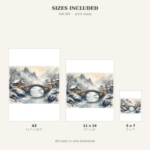 Bridge Snow Wall Art, Chinoiserie Aesthetic, Dining Room Art, Digital Print, Ink Wash Painting, Chinese Ink Painting Print image 7