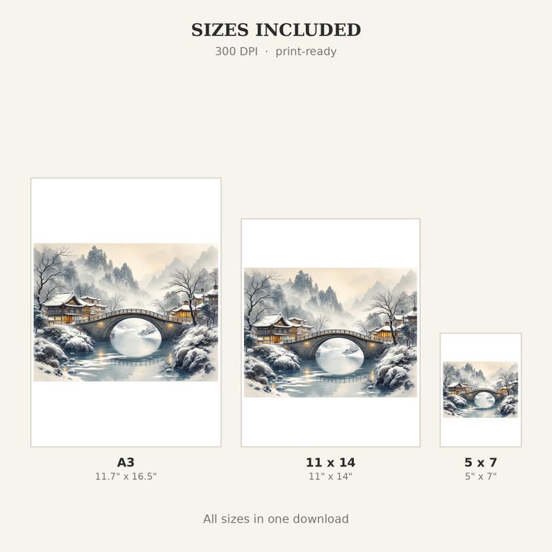 Bridge Snow Wall Art, Chinoiserie Aesthetic, Dining Room Art, Digital Print, Ink Wash Painting, Chinese Ink Painting Print image 7