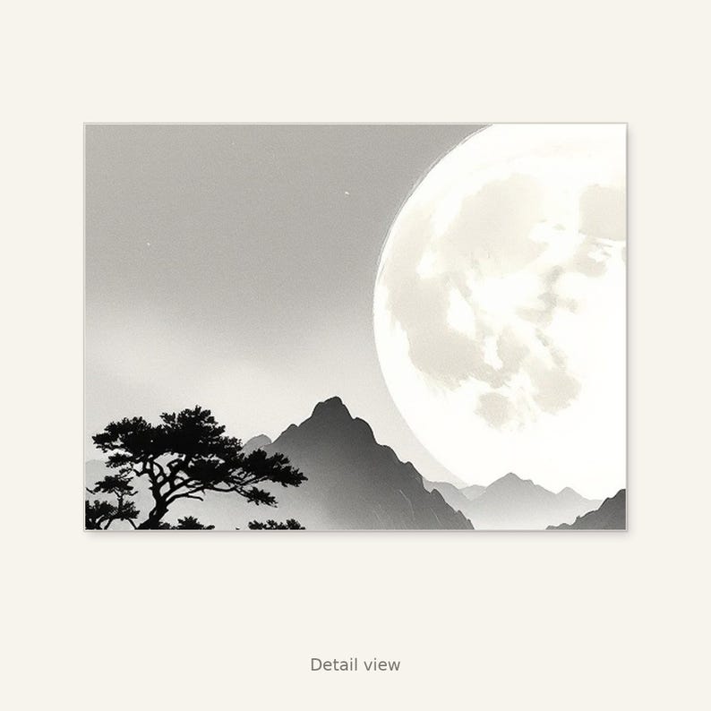 Paisaje lunar para imprimir, lámina minimalista, decoración de pared para spa, lámina de arte en tinta, lámina de pintura china en tinta. imagen 2