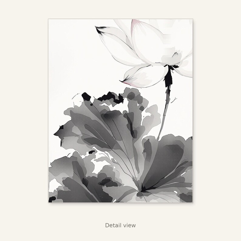Lotusblomma-väggkonst, orientaliskt tryck, meditationsdekor, digitalt tryck, bläcktvättad målning, kinesisk bläckmålning bild 2