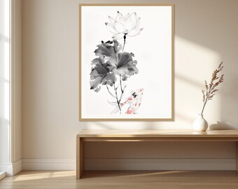 May include: A framed wall art print featuring a black and white ink wash painting of a single lotus flower with large, dark leaves and a small koi fish with orange and white markings swimming near the base of the stem on a white background.