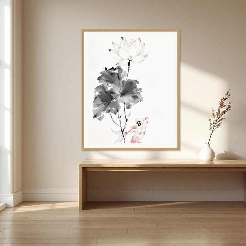 Lotus Flower Art Print, Chinoiserie Decor, Living Room Art, Digital Print, Ink Wash Painting, Chinese Ink Painting Print image 1