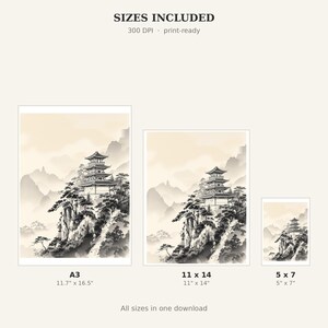 Set di 3 quadri asiatici a forma di pagoda, decorazione in stile Chinoiserie, set per parete galleria, download stampabile, pittura a inchiostro, stampa di pittura a inchiostro cinese immagine 4