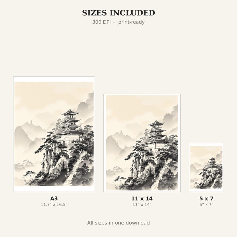 Set di 3 quadri asiatici a forma di pagoda, decorazione in stile Chinoiserie, set per parete galleria, download stampabile, pittura a inchiostro, stampa di pittura a inchiostro cinese immagine 4