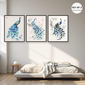 Peacock Asian Wall Art Set of 3, Japandi Decor, Living Room Art, Printable Download, Ink Wash Painting, Chinese Ink Painting Print image 1