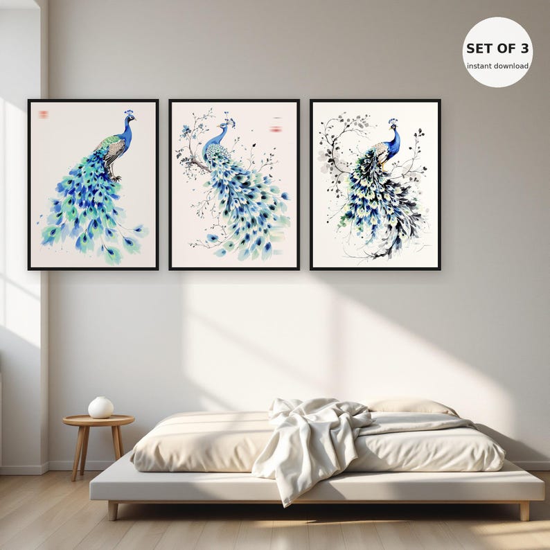 Peacock Asian Wall Art Set of 3, Japandi Decor, Living Room Art, Printable Download, Ink Wash Painting, Chinese Ink Painting Print image 1