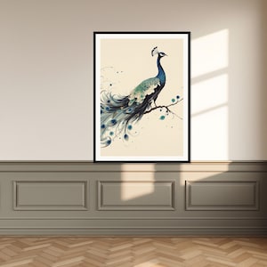 Peacock Printable Art, Wabi Sabi Decor, Gallery Wall Set, Ink Painting Print, Chinese Ink Painting Print image 1
