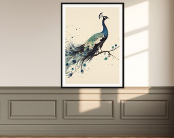 May include: A framed wall art print featuring a peacock with deep blue and teal plumage perched on a thin branch. The bird has a long, flowing tail with detailed eye-like patterns, set against a light cream background with dark ink splatters.