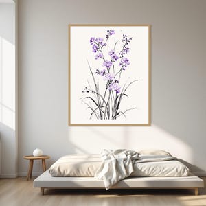 Orchid Wall Decor, Wabi Sabi Interior Art, Above Bed Decor, Fine Art Print, Ink Wash Painting, Chinese Ink Painting Print image 1