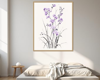 May include: A framed wall art print featuring a watercolor illustration of delicate purple flowers with thin black stems and leaves. The artwork is presented in a light wood frame, showcasing a botanical composition against a white background.