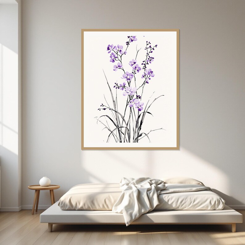 Orchid Wall Decor, Wabi Sabi Interior Art, Above Bed Decor, Fine Art Print, Ink Wash Painting, Chinese Ink Painting Print image 1