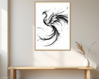 Könnte beinhalten: Ein gerahmter Wandkunstdruck mit einer schwarz-weißen Tuschezeichnung eines Phönix mit langen, fließenden Schwanzfedern und detaillierten Flügeln, vor einem rein weißen Hintergrund in einem hellen Holzrahmen.