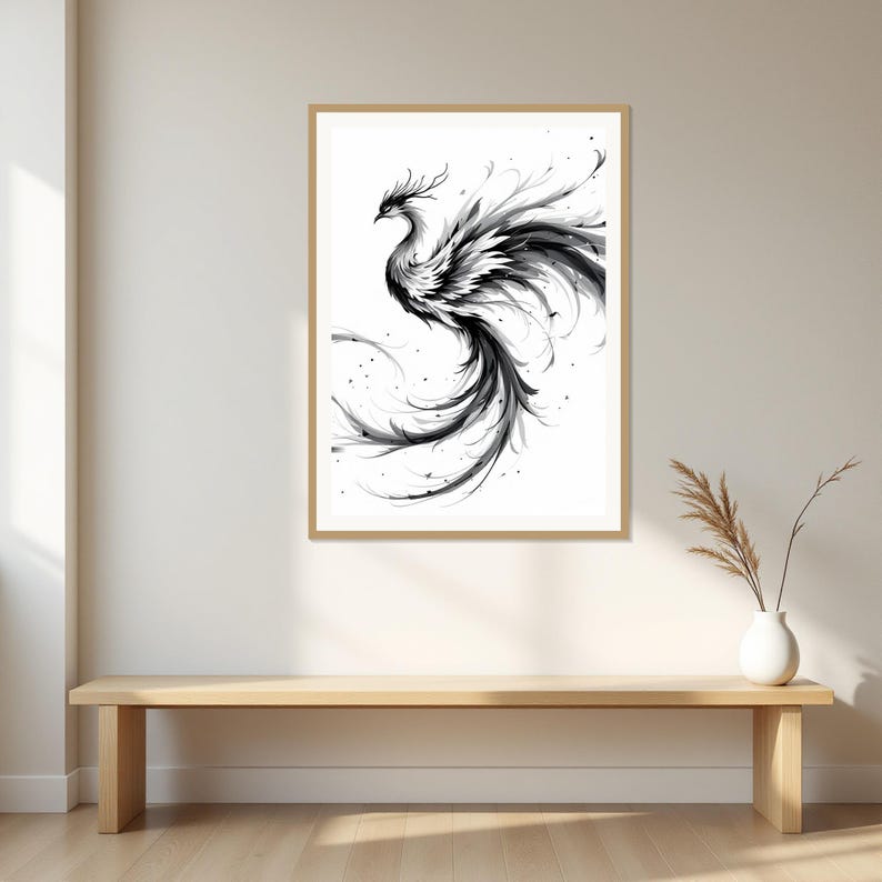 Estampe d'art Phoenix, Impression neutre, Décoration pour salle à manger, Estampe peinture à l'encre, Estampe peinture chinoise à l'encre image 1