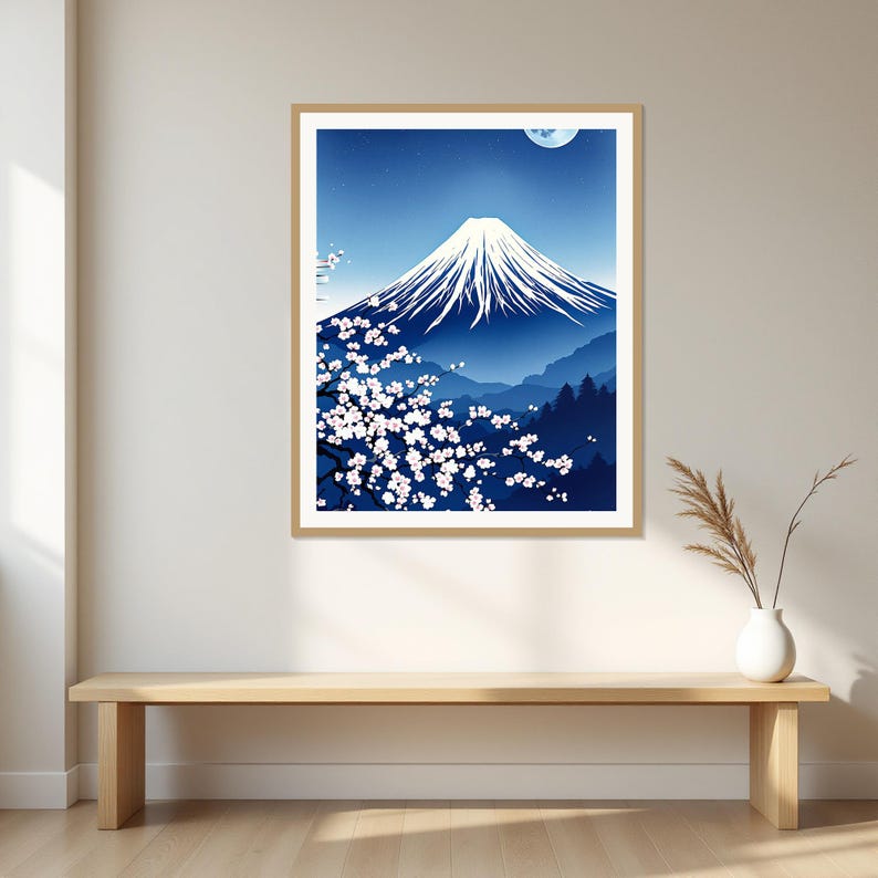 Affiche japonaise du Mont Fuji, art zen, décoration de salon, estampe à l'encre, estampe chinoise à l'encre image 1