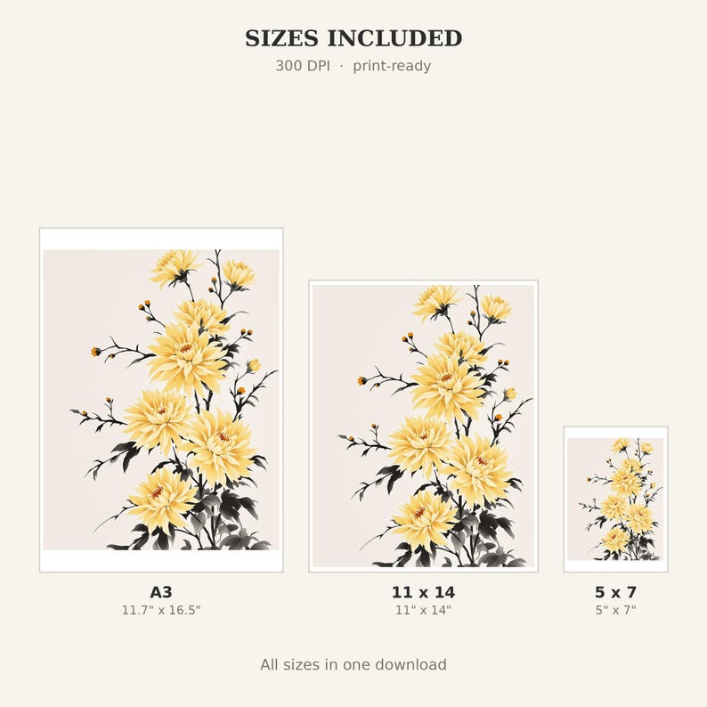 Chrysanthemum Wall Decor, Minimalist Gallery Art, Bedroom Wall Art, Fine Art Print, Ink Wash Painting Pri image 4