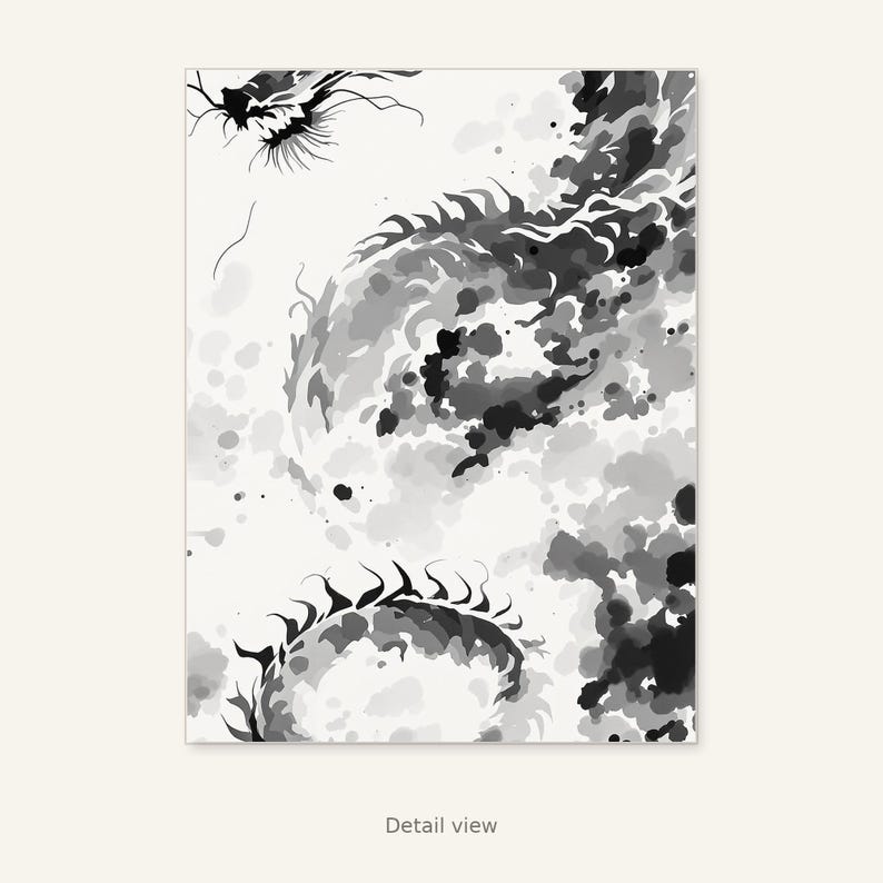 Conjunto de 3 láminas de arte mural asiático con dragones, decoración neutra, decoración de pared para spa, descarga instantánea de arte, pintura a la tinta, impresión de pintura china a la tinta. imagen 10