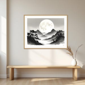 Paisaje lunar para imprimir, lámina minimalista, decoración de pared para spa, lámina de arte en tinta, lámina de pintura china en tinta. imagen 1