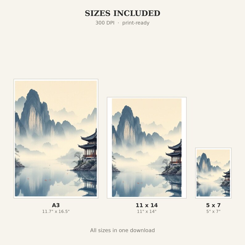 Chinese Paviljoen Muurdecoratie aan het Meer, Japandi Interieurkunst, Decoratie boven het Bed, Kunstprint, Inktwasschilderij afbeelding 4