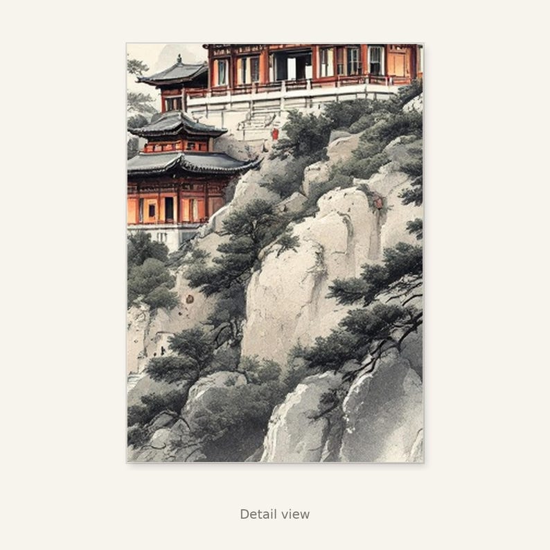 Chinese pagode muurdecoratie, Wabi Sabi interieurkunst, decoratie boven het bed, kunstprint, inkttekening, Chinese inkttekeningprint afbeelding 3