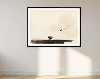 以下が含まれることがあります： クリーム色の背景にミニマルな墨絵が描かれた額装アートプリント。黒い筆致で描かれた水平な面の上に小さな暗い色のボウルが置かれ、その上方に繊細な枝と葉が浮かんでいる様子が表現されています。