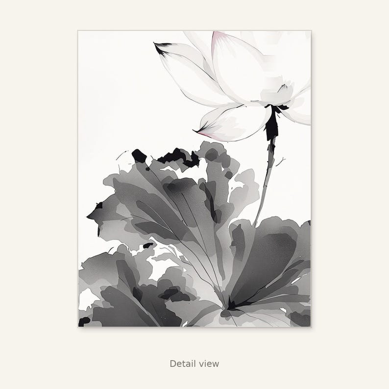 Lotus Flower Art Print, Chinoiserie Decor, Living Room Art, Digital Print, Ink Wash Painting, Chinese Ink Painting Print image 2