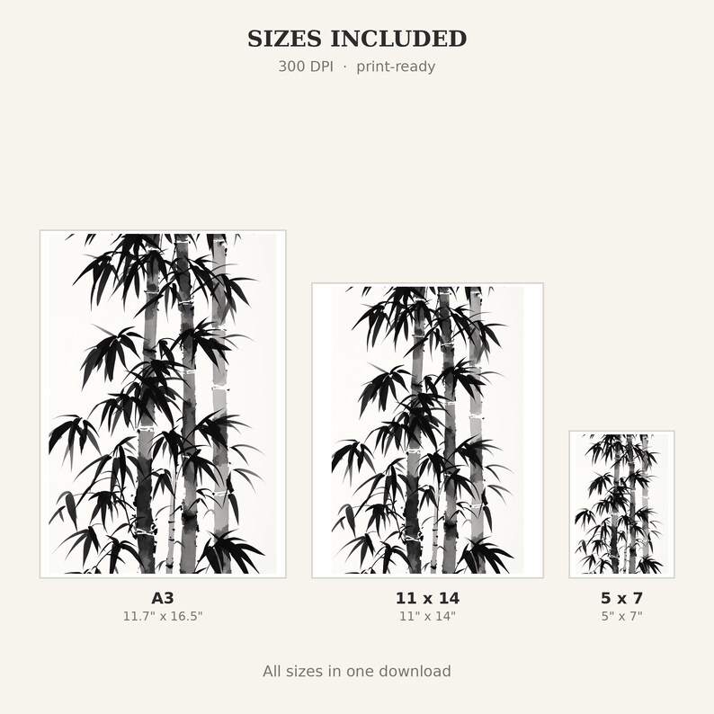 Bamboo Asian Wall Art Set of 3, Asian Decor, Office Wall Art, Instant Download Art, Ink Wash Painting, Chinese Ink Painting Print image 4