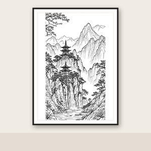 Arte mural de montaña, decoración japonesa, decoración para encima de la cama, arte de descarga instantánea, pintura a la tinta, impresión de pintura china a la tinta imagen 1