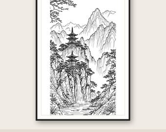 May include: A black and white line art print featuring a mountainous landscape with two tiered pagodas perched on rocky cliffs. A waterfall flows from the lower structure into a stream below, surrounded by pine trees and jagged mountain peaks.