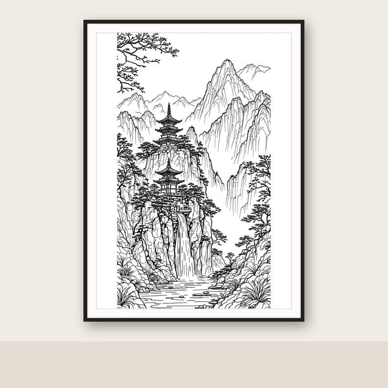 Arte mural de montaña, decoración japonesa, decoración para encima de la cama, arte de descarga instantánea, pintura a la tinta, impresión de pintura china a la tinta imagen 1
