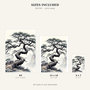 Pine Tree Wall Art, Wabi Sabi Decor, Above Bed Decor, Ink Art Print, Chinese Ink Painting Print image 4