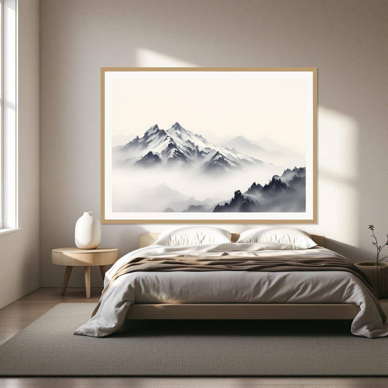 Arte para imprimir de montanha nevada, decoração neutra, arte para sala de estar, impressão de pintura a tinta, impressão de pintura a tinta chinesa imagem 1